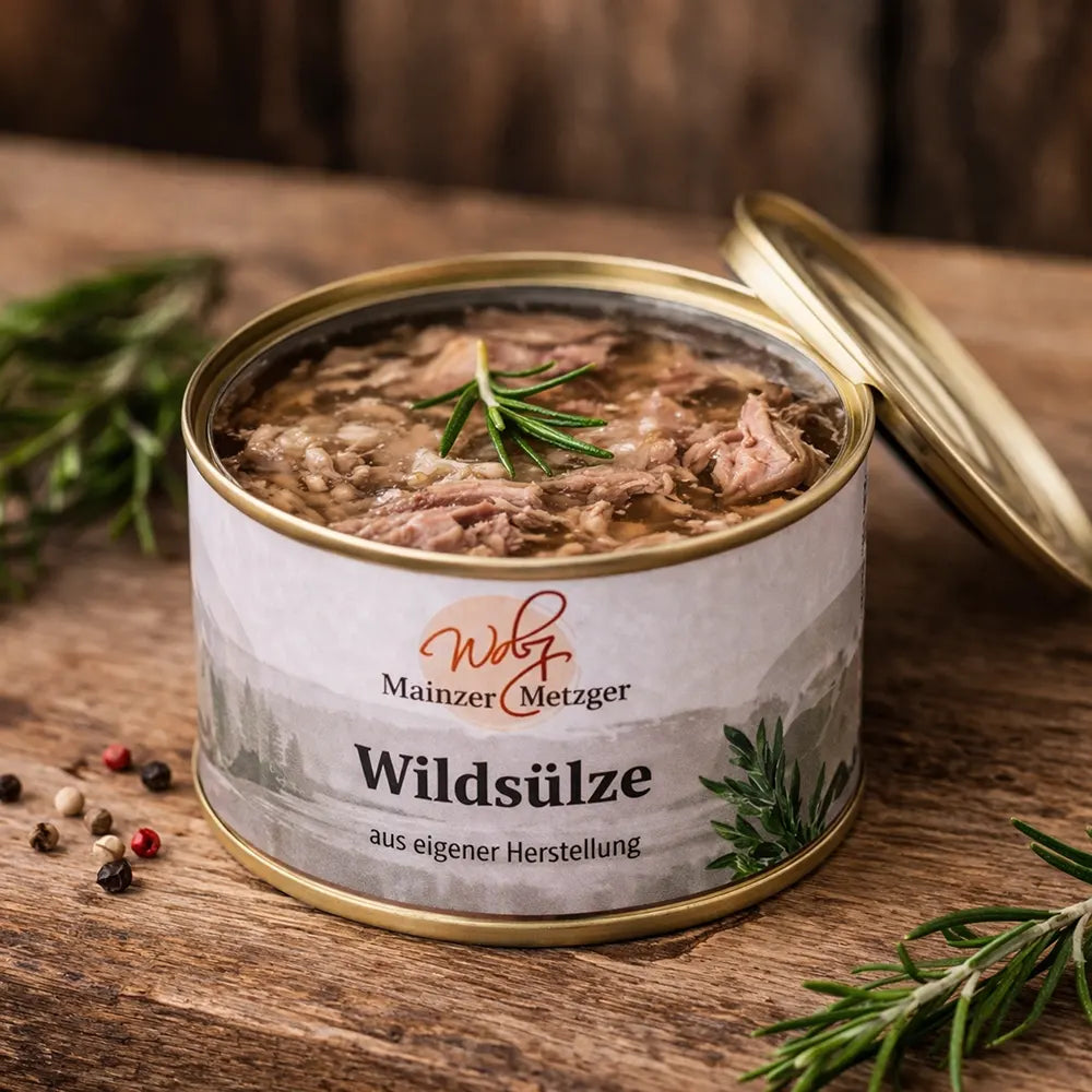 Eine geöffnete Konservendose mit hausgemachter Wildsülze der Metzgerei Walz. Die Sülze zeigt reichlich zartes, dunkles Wildfleisch in klarem Gelee, garniert mit einem frischen Rosmarinzweig. Rustikal präsentiert auf einem Holzbrett neben bunten Pfefferkörnern.